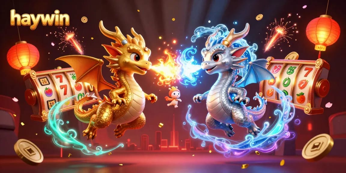 Experience exhilarating slots action at Haywin with twin dragons in a vibrant casino scene.