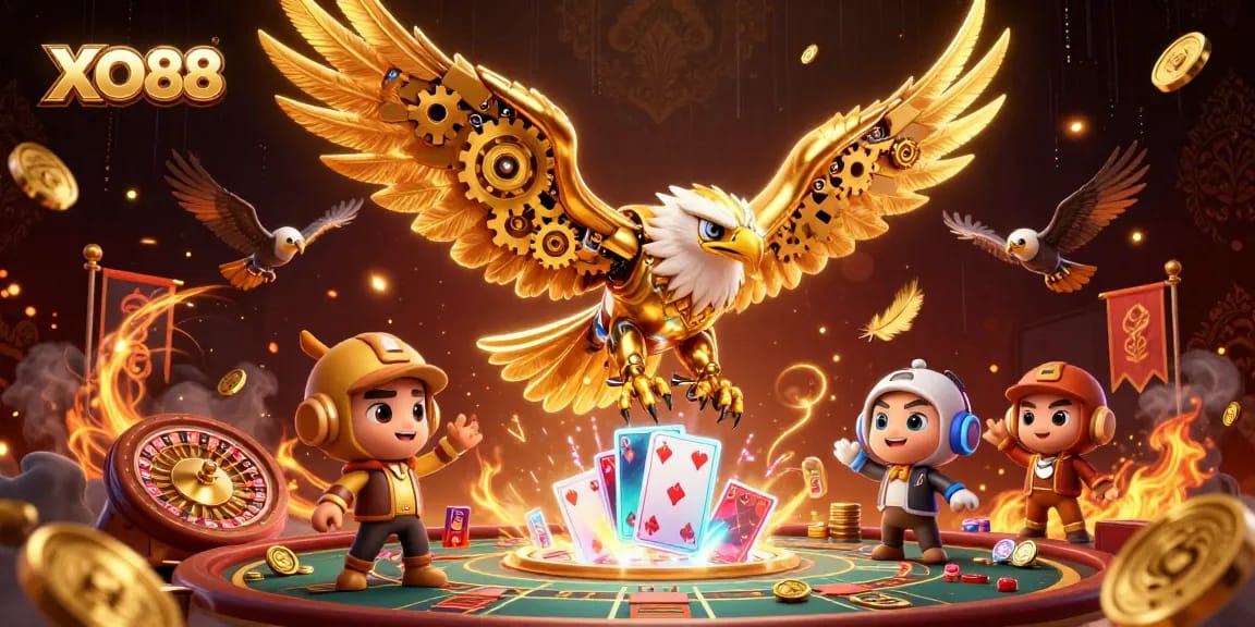 Experience thrilling gameplay at XO88 with a dynamic scene of a cybernetic eagle and casino elements.