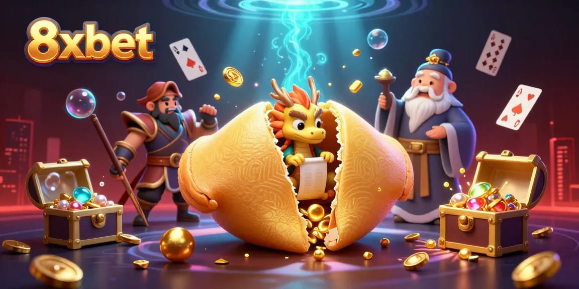 Experience the excitement of 8xbet with golden fortune, mystical dragon, and vibrant casino elements in an immersive scene.
