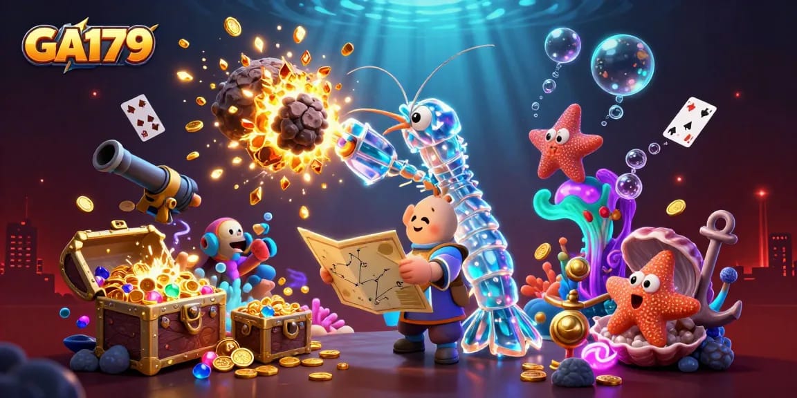 Engage with GA179's thrilling online gaming experience featuring vibrant underwater elements and dynamic gambling scenes.