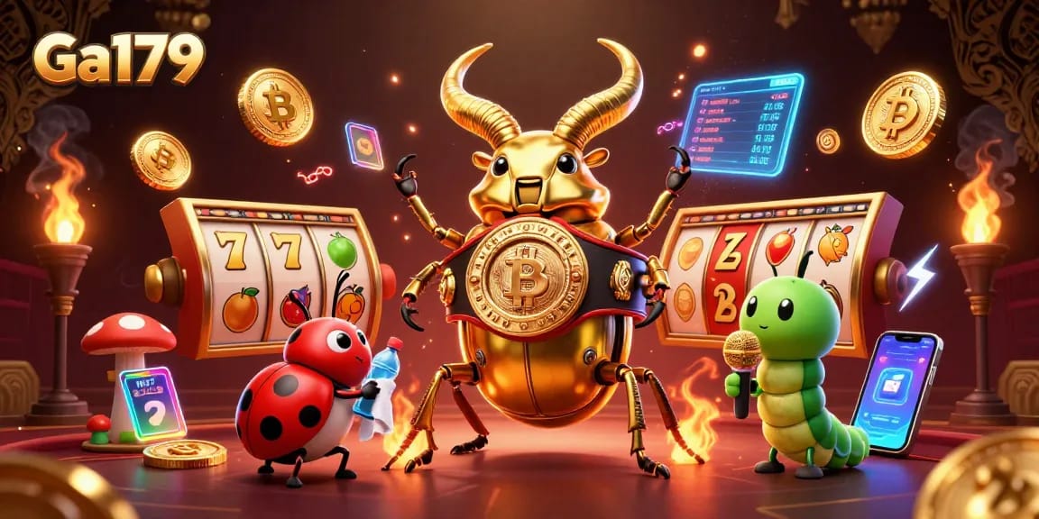 Experience thrilling gambling action at Ga179 with a vibrant 3D casino illustration of insect champions and slots!