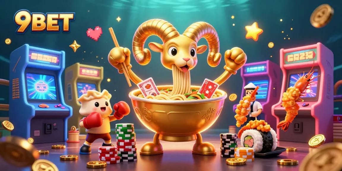 9BET casino illustration featuring a golden ramen bowl dealing cards, vibrant gaming elements and characters.
