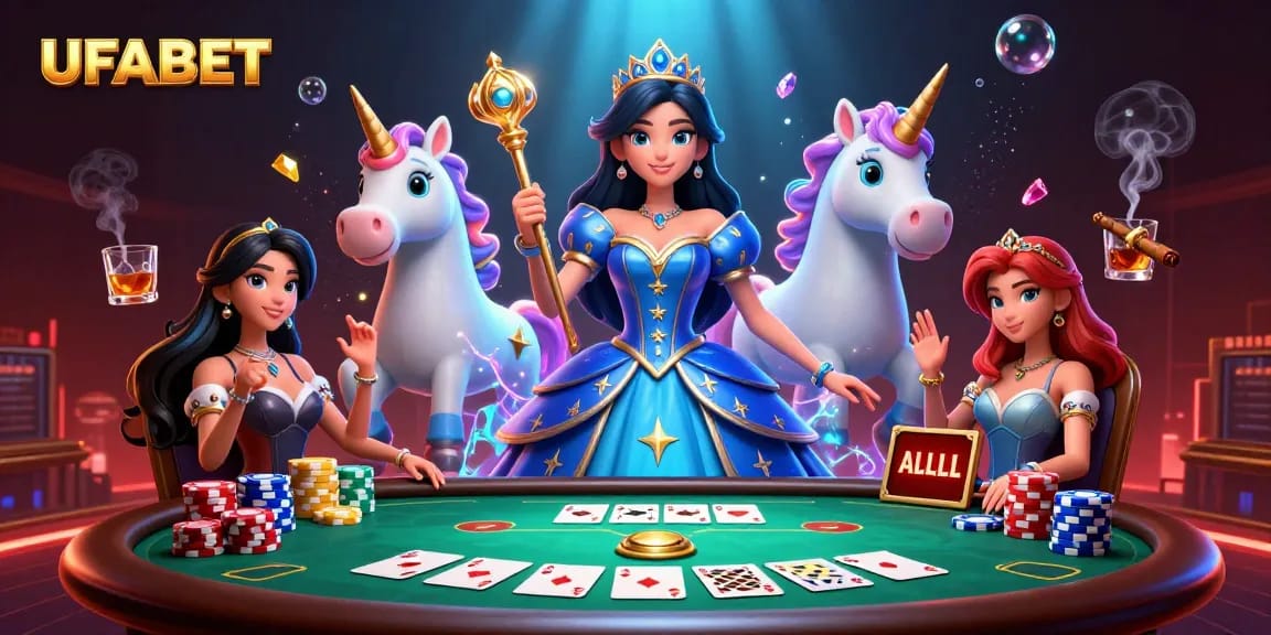 Play thrilling games at UFABET with a stunning casino scene featuring glamorous characters and vibrant action.
