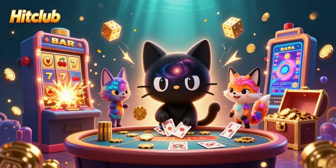 Hitclub offers a thrilling experience with cosmic elements pulling in casino chips and cards.