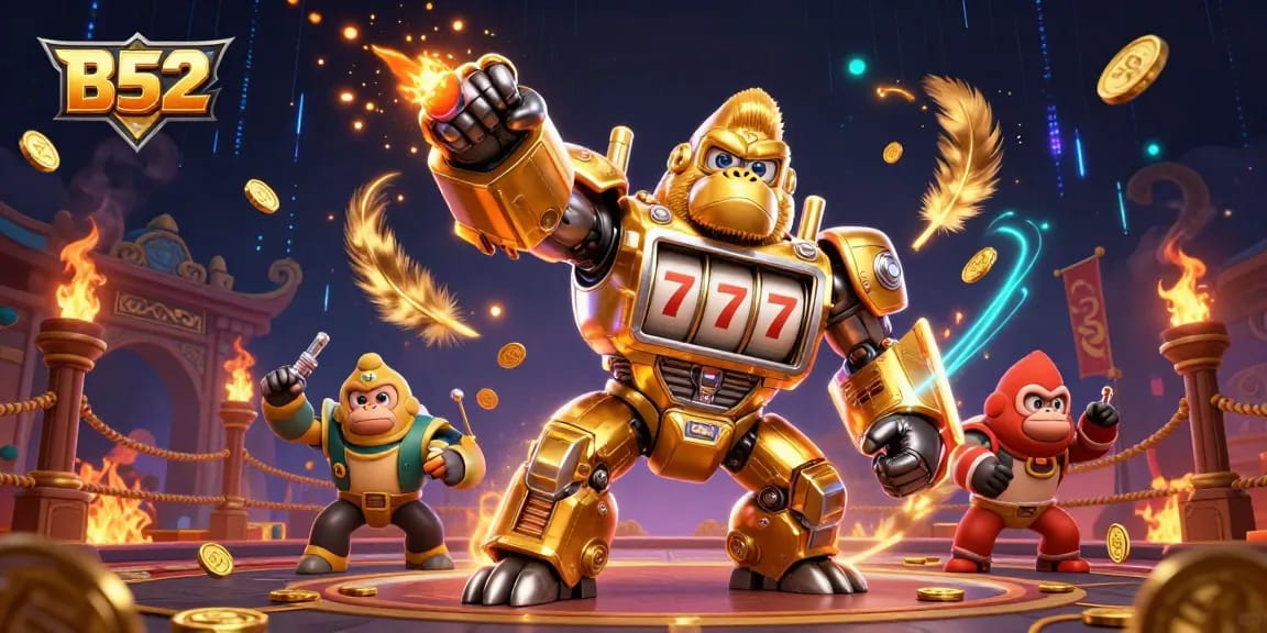 B52 casino experience with a golden gorilla mech celebrating jackpots in an enchanting casino arena.