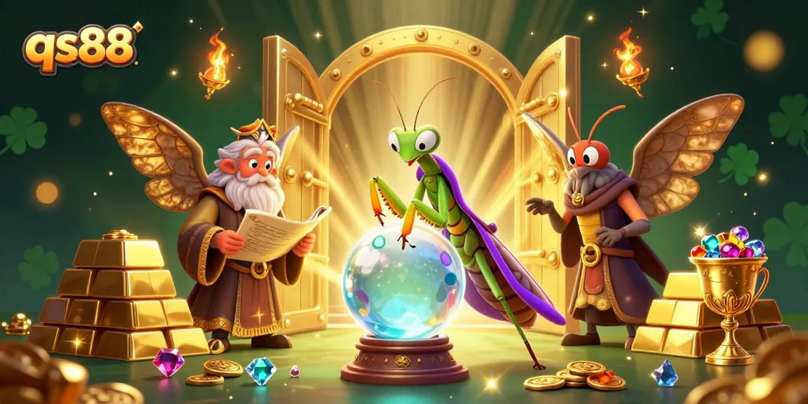 Engage in thrilling gaming experiences with qs88's vibrant 3D illustrated scene showcasing fortune telling and treasure.