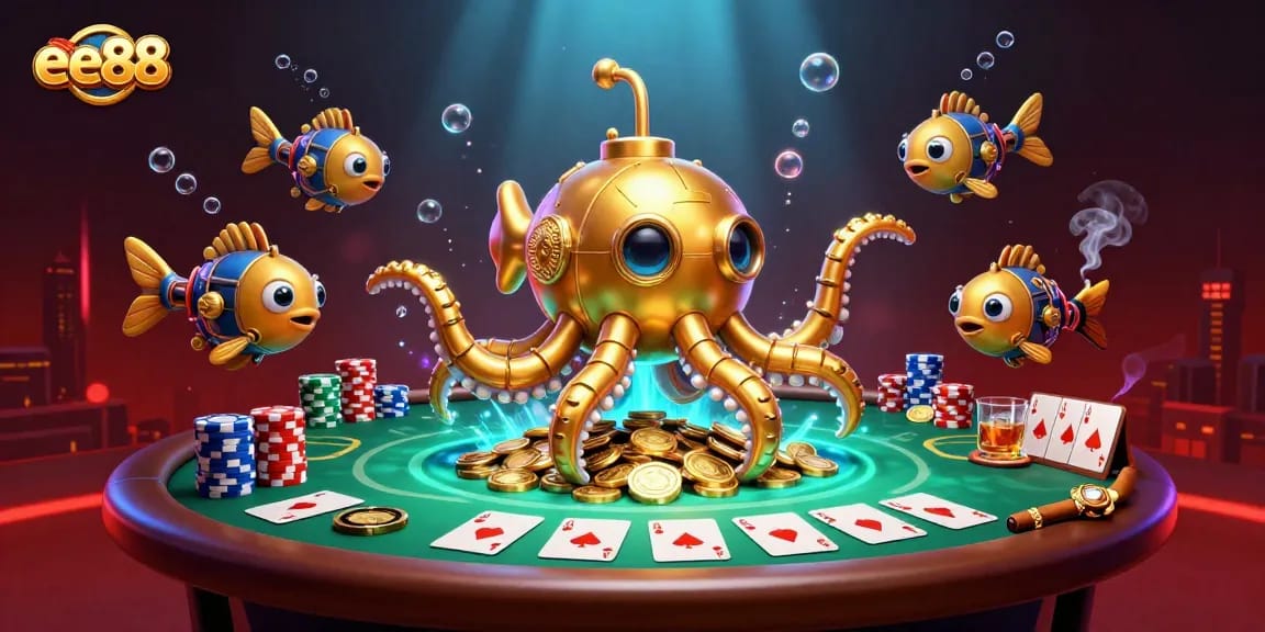 Experience exciting gameplay at ee88 with a kraken submarine emerging from golden coins and vibrant poker scenes.