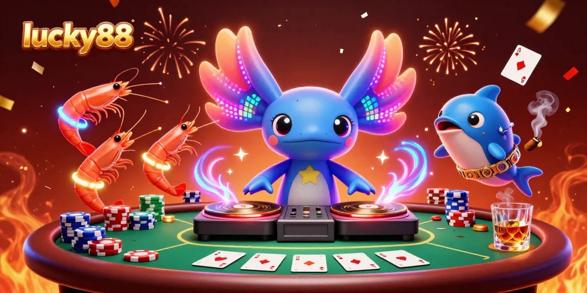Engage in winning strategies with lucky88, showcasing vibrant casino elements and energetic characters.