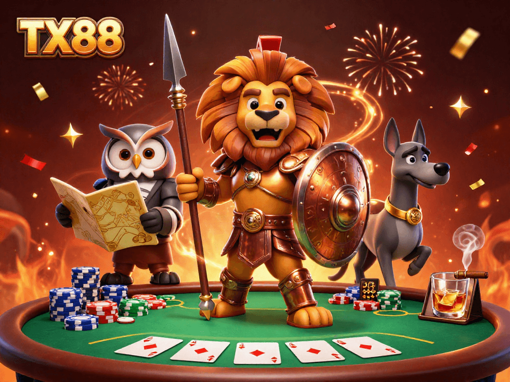 Join the TX88 poker showdown with strategic heroes in an action-packed casino scene.
