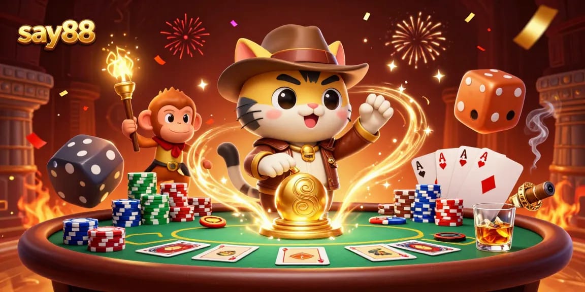 Experience exciting gameplay with say88 at a dynamic casino scene featuring an adventurer and treasures.