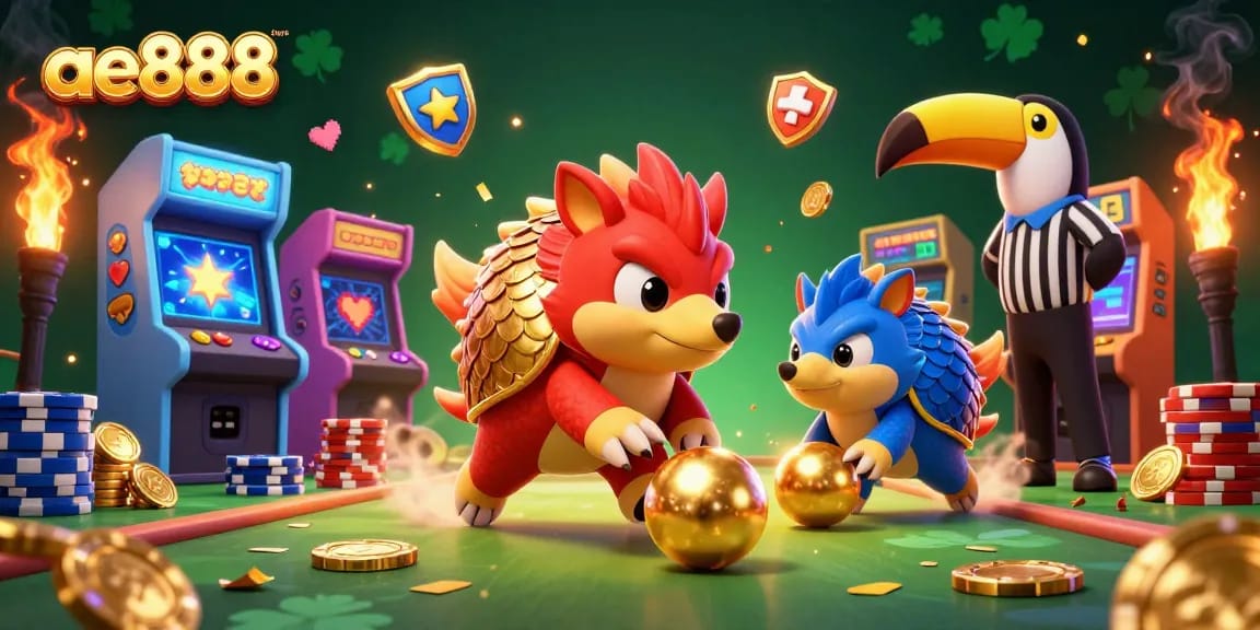 Engage with ae888 as rival pangolins roll through casino chips in a vibrant 3D gaming scene.