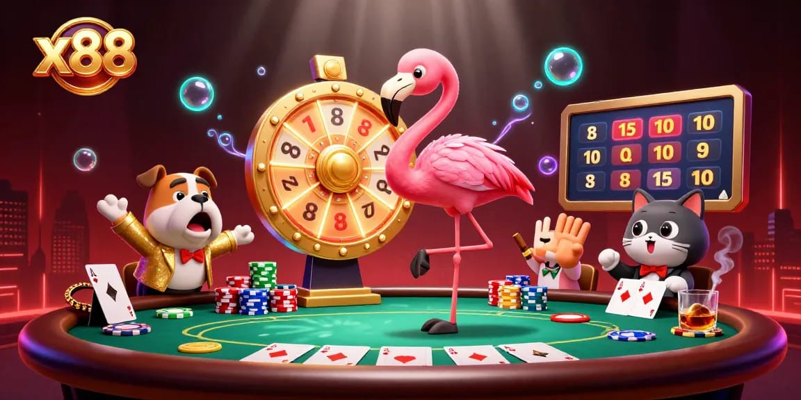 Spin the giant prize wheel at x88 with animated characters in an exciting casino scene.