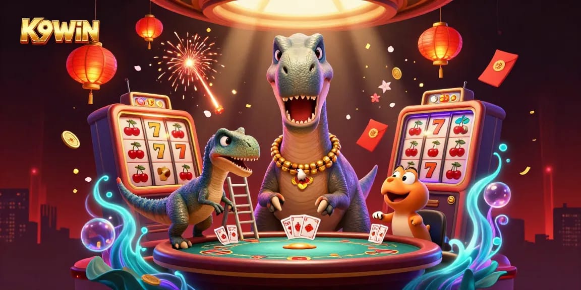 K9WIN players trying their luck with slot reels amidst a lively casino scene featuring interactive characters and festive elements.