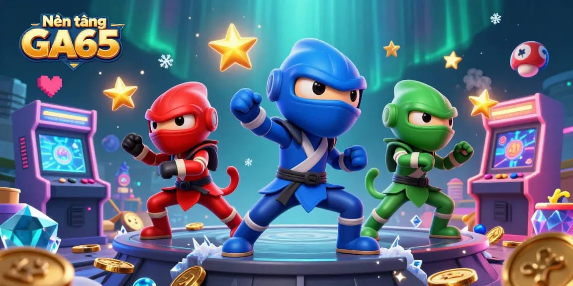 Nền tảng GA65 showcases a team of chameleon ninjas performing martial arts in a vibrant 3D casino environment.