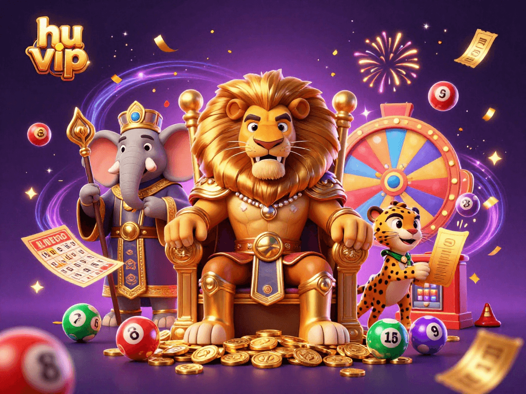 Engage in thrilling hu vip lottery excitement with a 3D lion king and vibrant game elements.