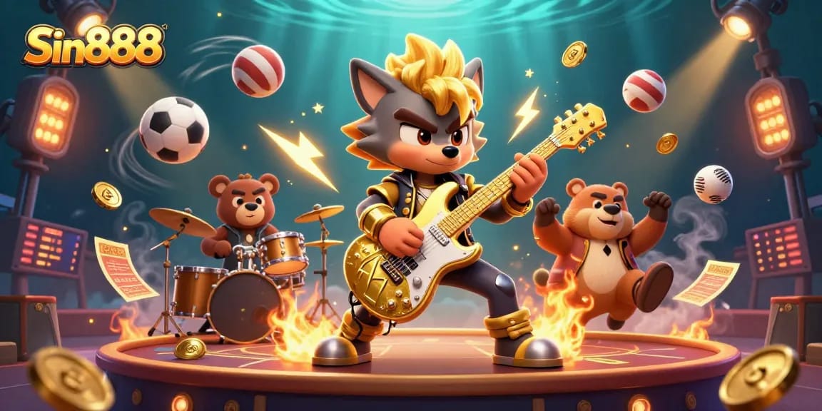 Sin888 showcases an electrifying casino scene with a rock star wolf, dynamic sports elements, and vibrant energy.