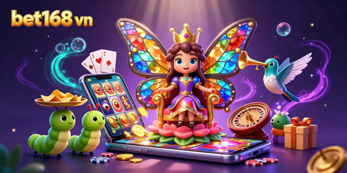 Experience thrilling gaming at bet168 vn with dynamic slot games and vibrant characters in a magical casino scene.