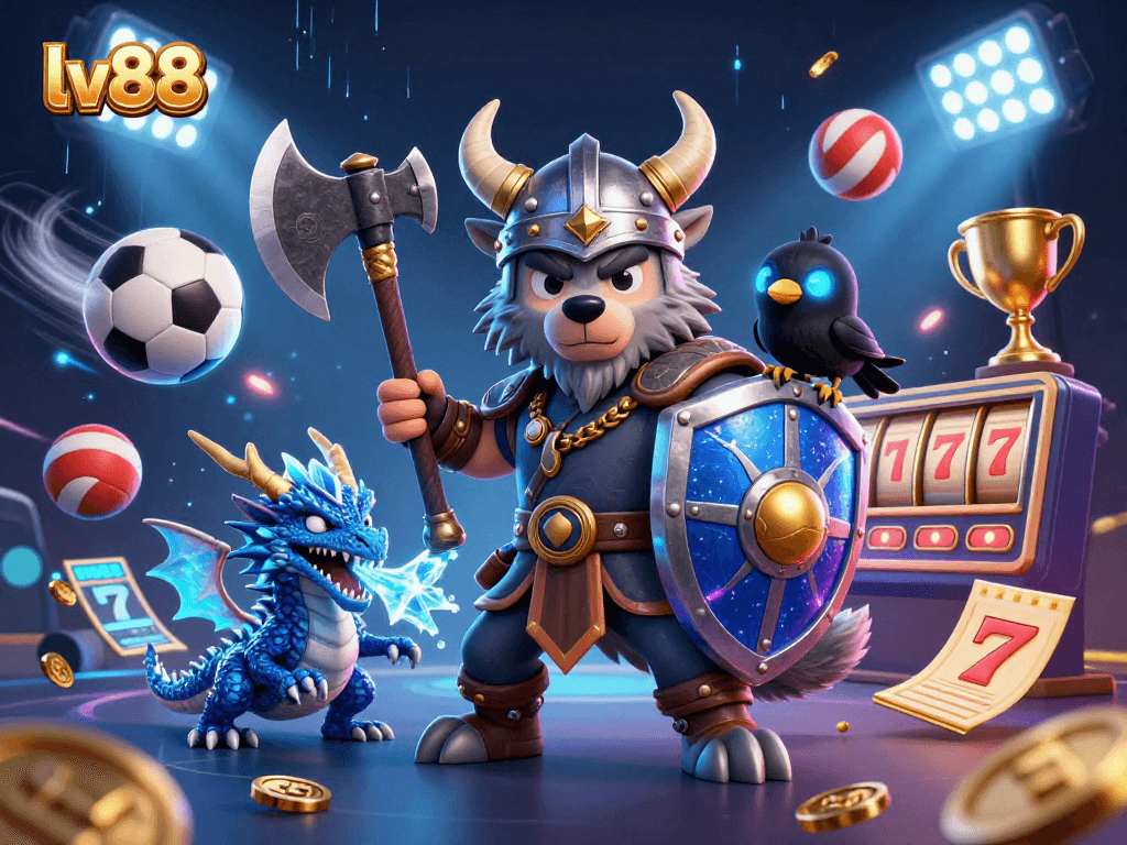 Win big with lv88 in this vibrant, action-packed casino scene featuring Viking warrior and dragon.