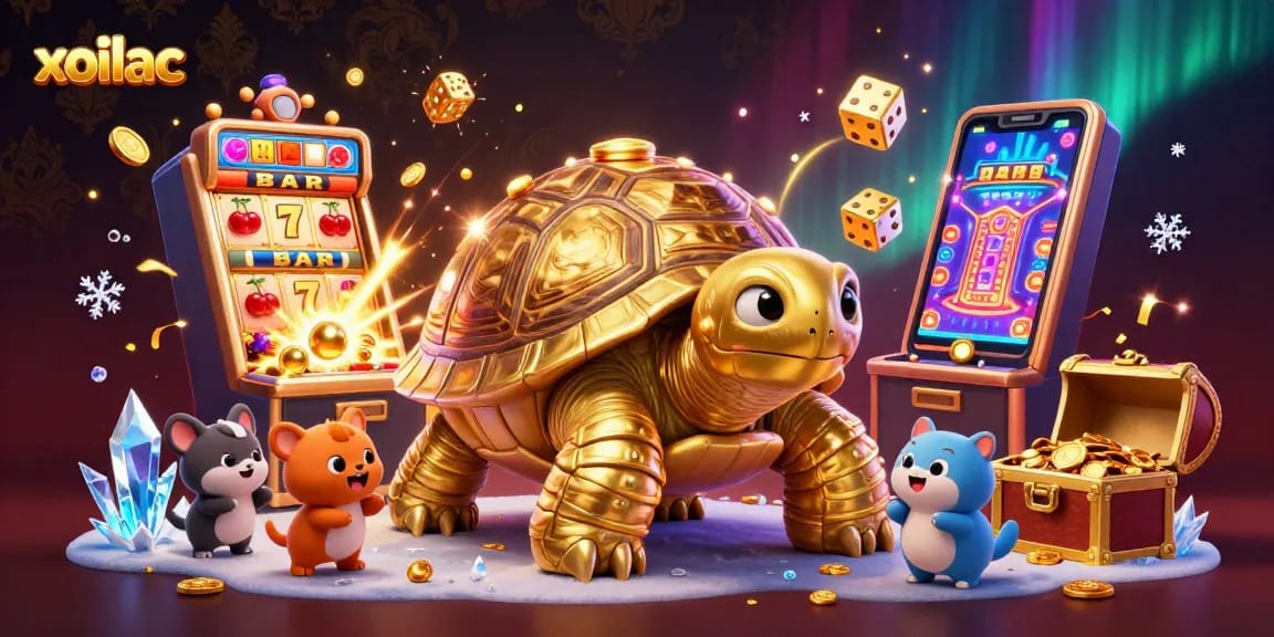 Play exciting games on xoilac with vibrant 3D visuals of slot machines and fun casino elements.
