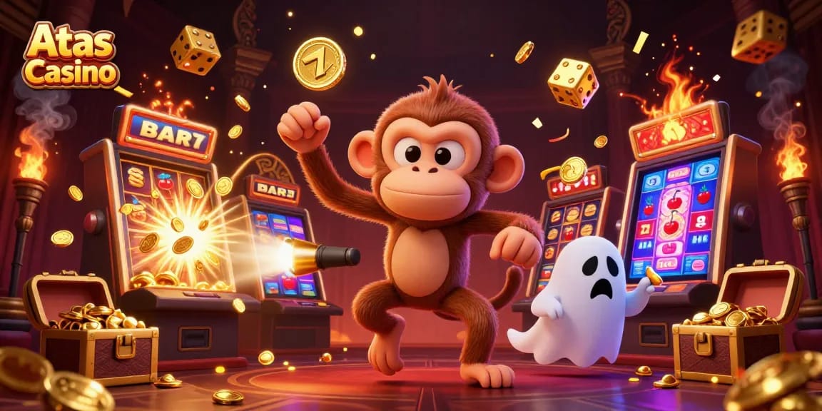 Engage with Atas Casino's thrilling atmosphere, showcasing fun golden elements from a vibrant 3D animated casino.