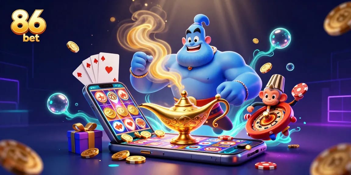 Engage with 86 bet's vibrant casino action in an immersive, colorful 3D setting filled with gaming excitement.