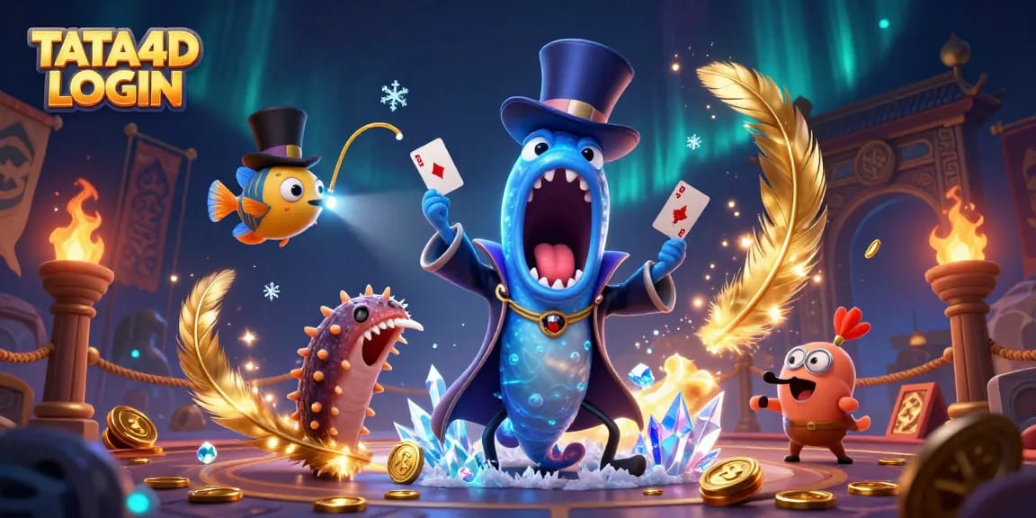 TATA4D LOGIN scene showcasing a bioluminescent gulper eel magician, anglerfish spotlight, and sea cucumber act in a richly detailed casino environment.