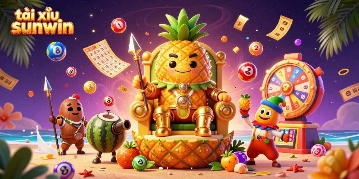 Play tài xỉu sunwin with vibrant characters and casino elements in a dynamic 3D illustration.