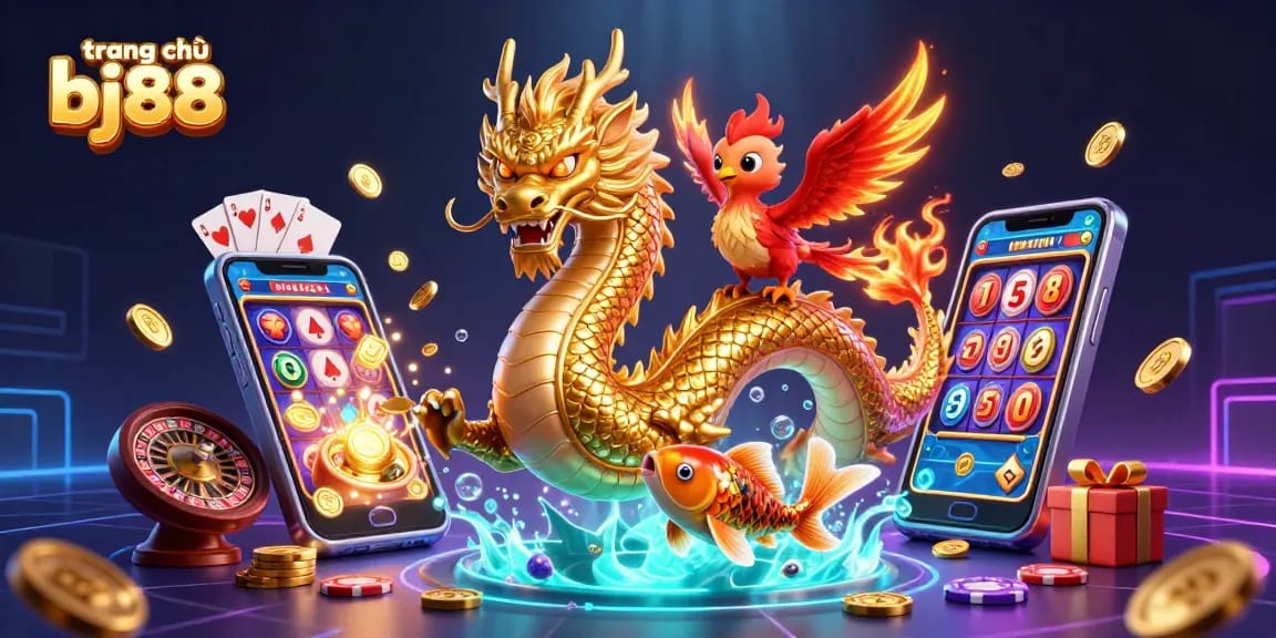 Experience excitement on trang chủ bj88 with a vibrant 3D casino scene featuring a mythical dragon and lucky koi fish.