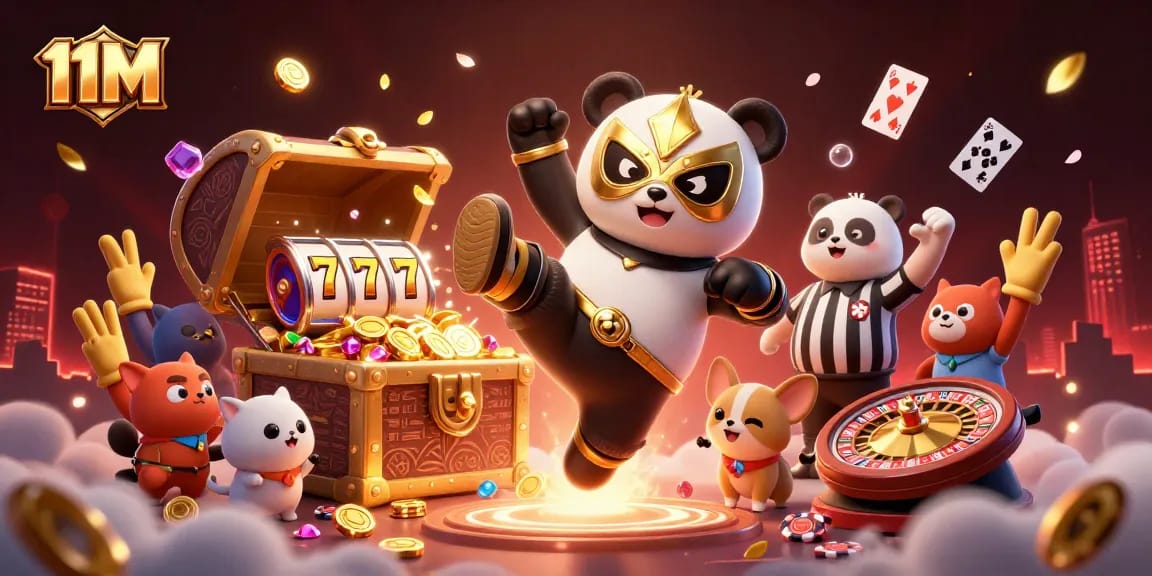 Engage in thrilling 11M casino fun with a vivid scene of a panda wrestler and exciting game elements.
