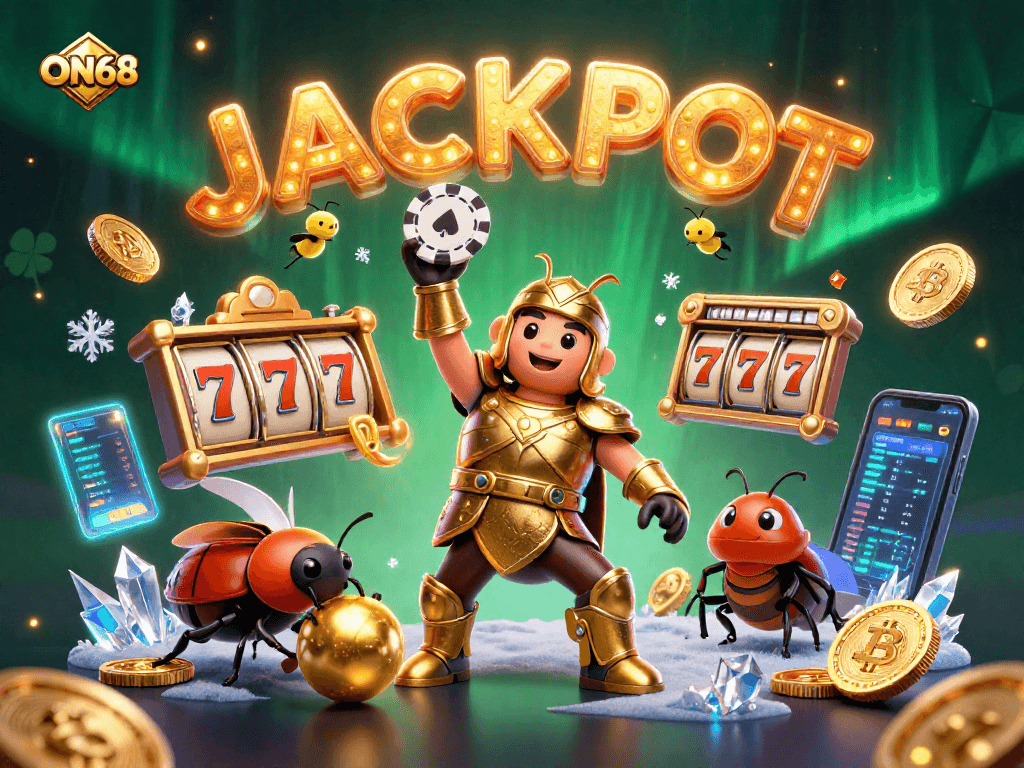 Experience the excitement of winning at ON68 with vibrant 3D characters celebrating JACKPOT alongside cryptocurrency elements.