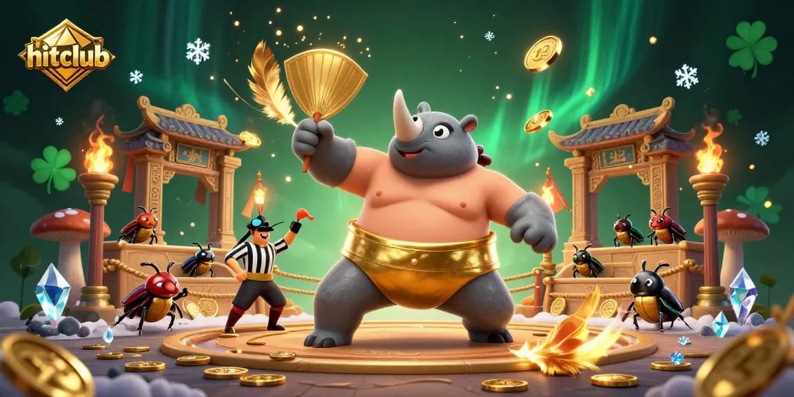 Hitclub players engaging in exciting gaming with golden coins and a vibrant arena atmosphere.