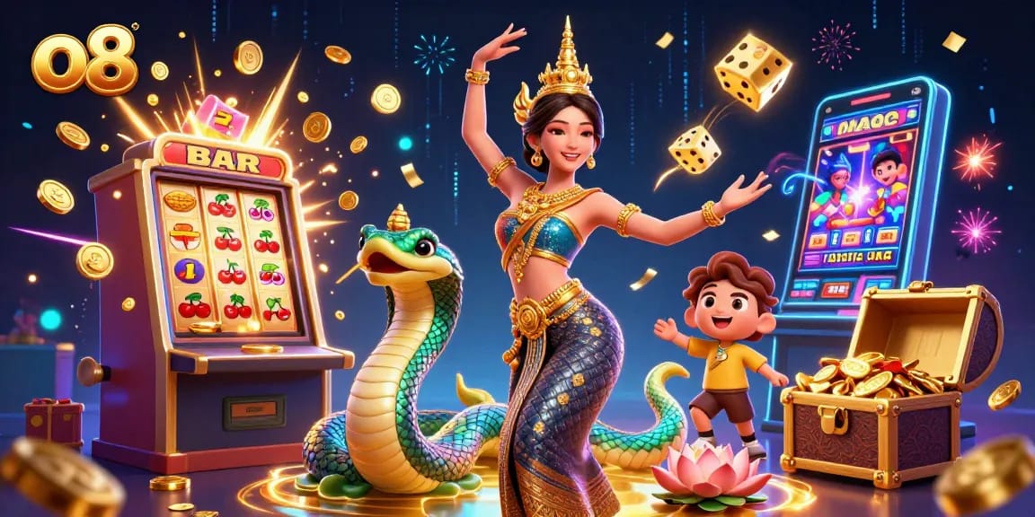 Experience jackpot thrills at O8 with vibrant illustrations of game-rich scenes and winning moments.
