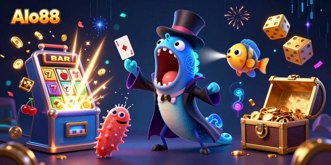 Alo88 engages players with a vivid scene of a bioluminescent eel performing magic tricks in a casino.