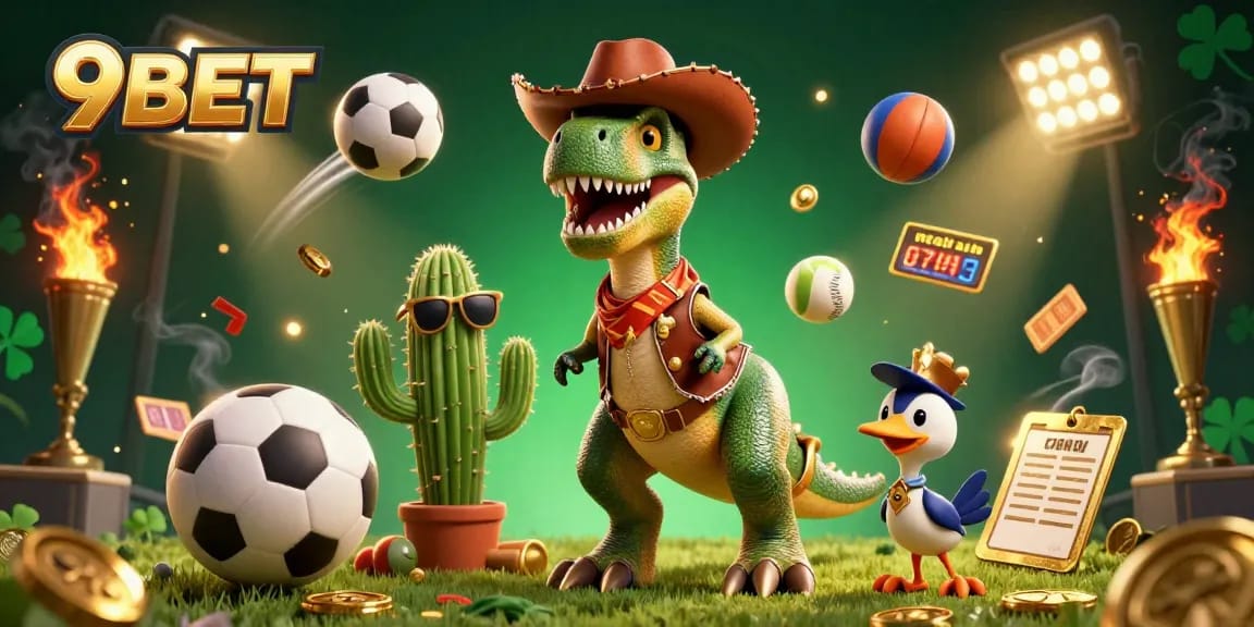 Engage in thrilling bets at 9BET with a vibrant 3D casino scene featuring dynamic characters and sports betting elements.