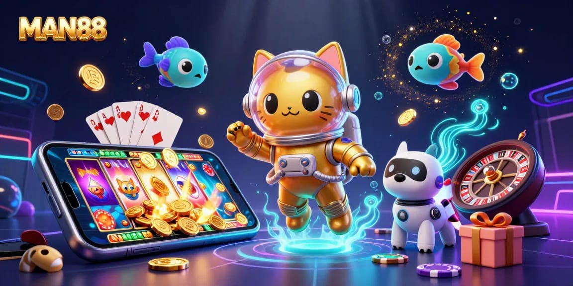Engage with the MAN88 gaming experience featuring a golden astronaut cat and interactive slot games.