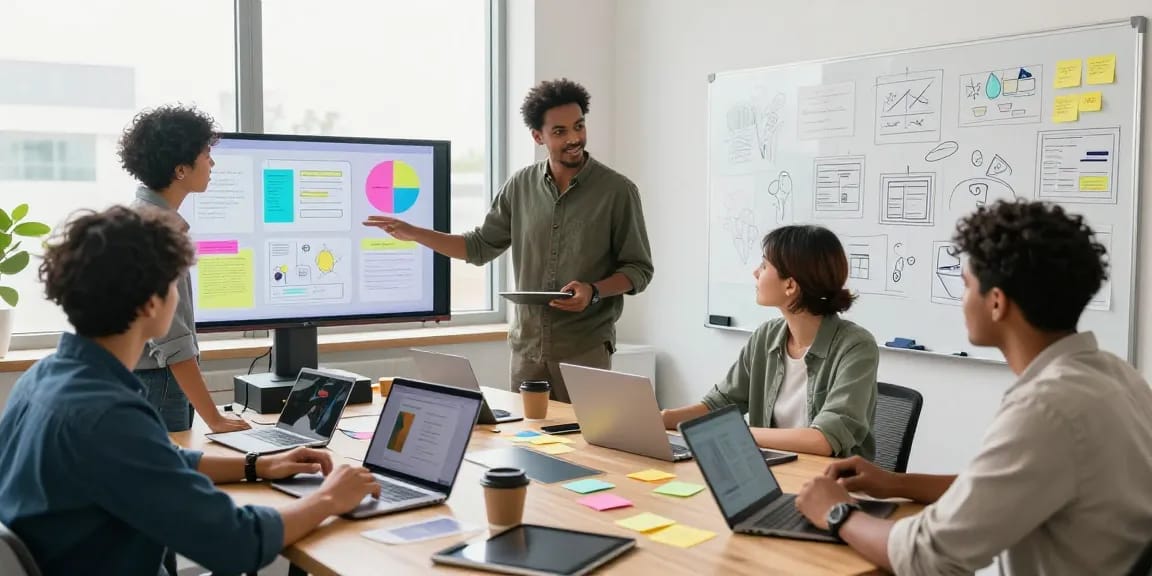 Team collaborating on a mix board in a bright office, showcasing vibrant ideas and creative dynamics.