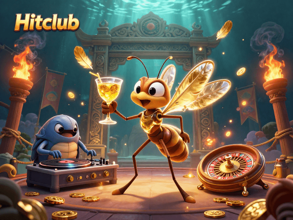 Hitclub showcases a vibrant casino scene with a unique mascot engaging players at a roulette wheel.
