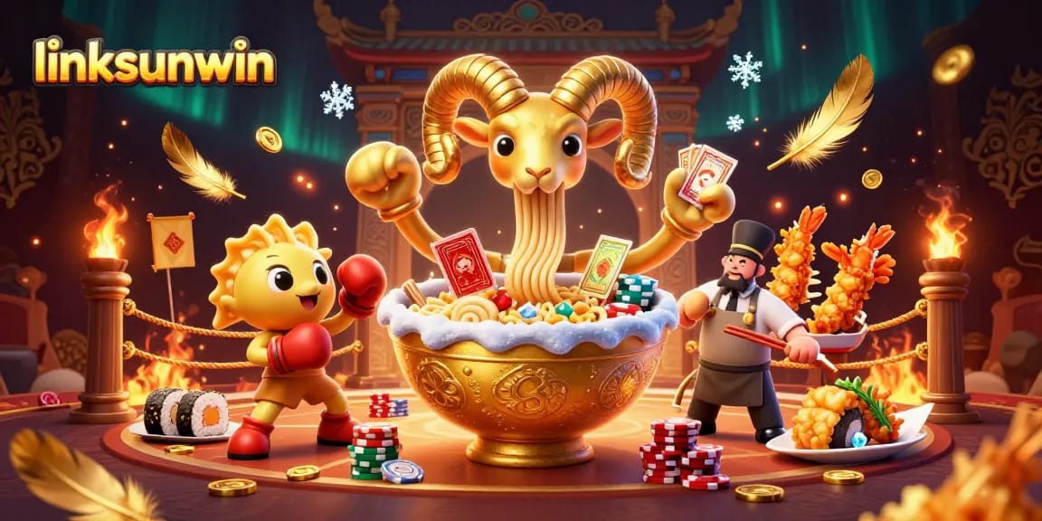 Bet big with linksunwin: a thrilling casino scene featuring a ramen bowl dealer, sushi, and tempura characters.