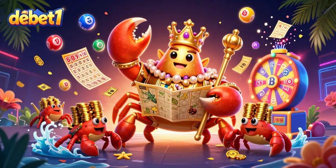 Engage with debet1's vibrant lottery scene featuring a golden crab and colorful balls.