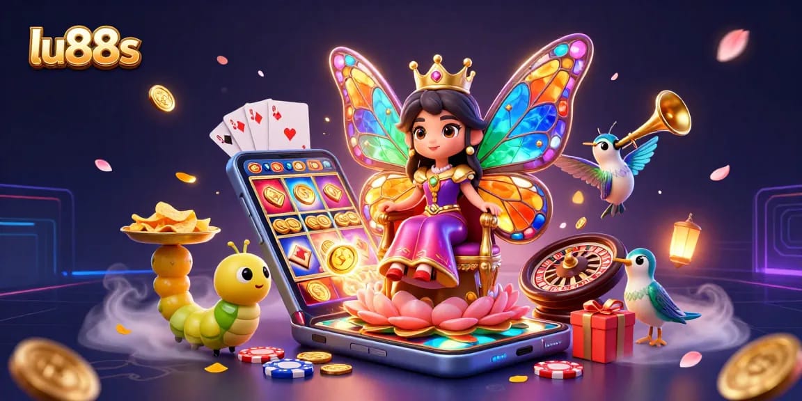 Experience the excitement of lu88s with a vibrant casino scene featuring a butterfly queen and games imagery.