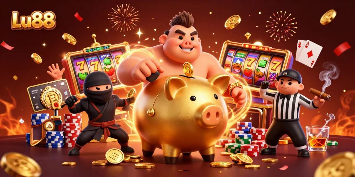 Experience winning moments with Lu88 as golden coins tumble amidst slot machine excitement.