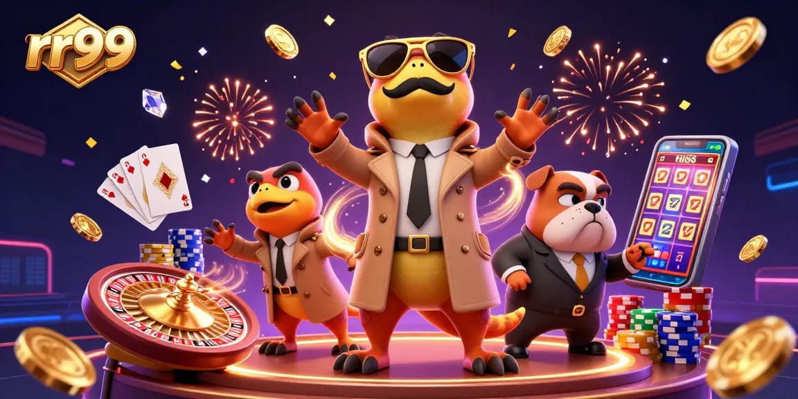 Experience the excitement of rr99 casino with vibrant raptors and dynamic gambling elements in a lively scene.