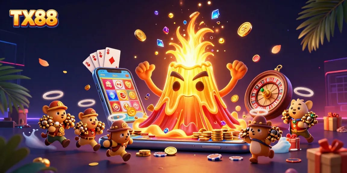 Spin into excitement with TX88, showcasing a vibrant casino atmosphere overflowing with treasures.