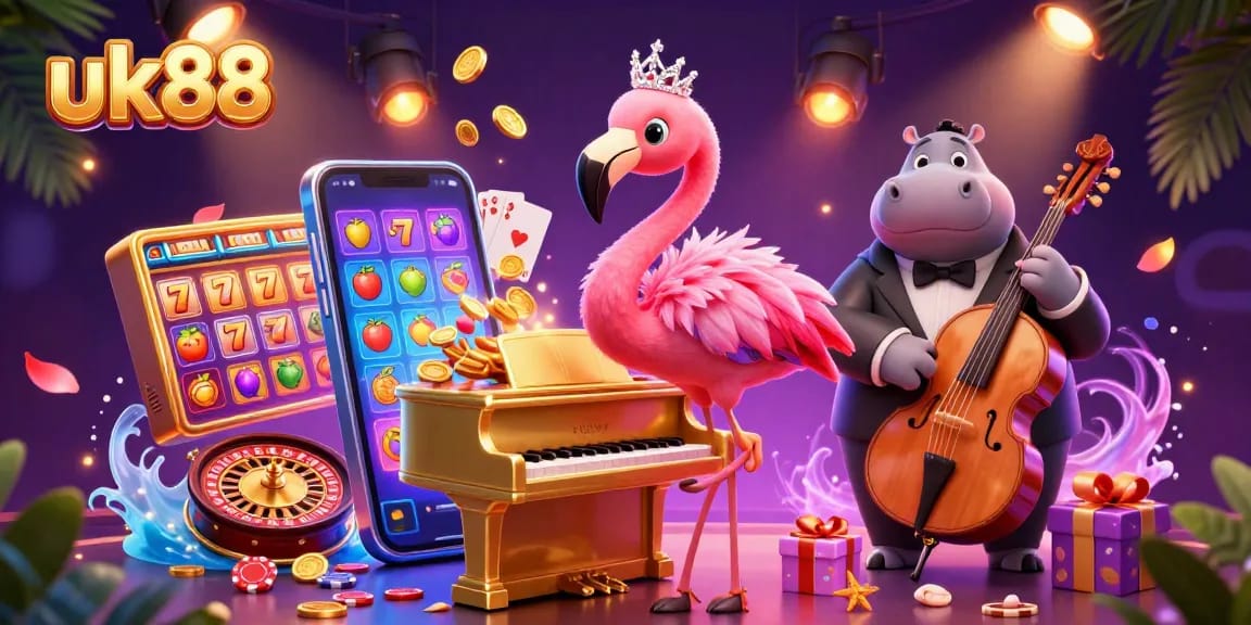 Experience uk88 thrilling slot games with vibrant characters, golden coins, and rich casino ambiance.