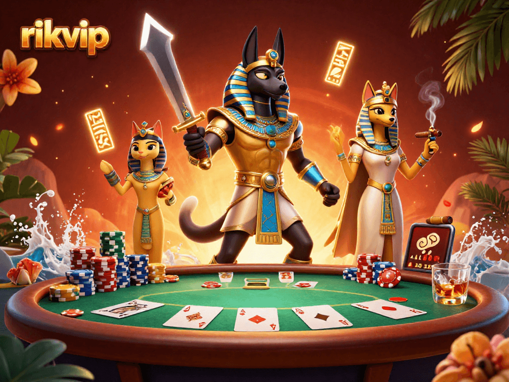Join the action at rikvip with Anubis and Bastet surrounded by poker elements and vibrant decorations.