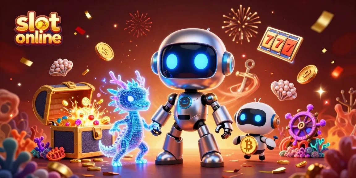 Menangkan slot online dengan robot cyberpunk dan naga holografik di dunia dekorasi kasino.