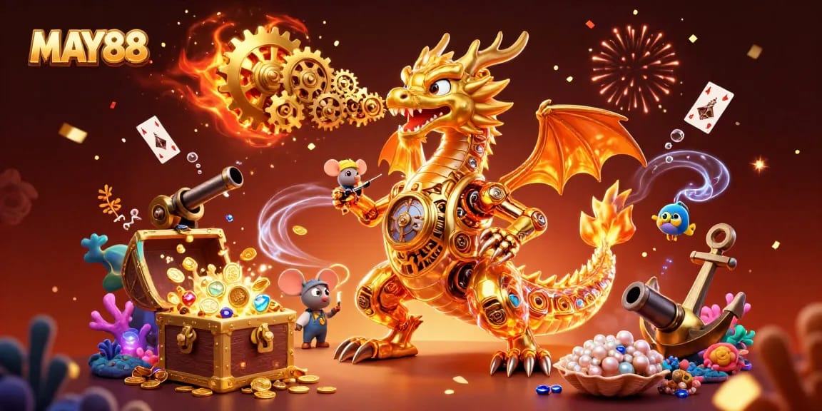 MAY88 presents an electrifying scene with a golden dragon, cascading treasures, and vibrant casino elements.