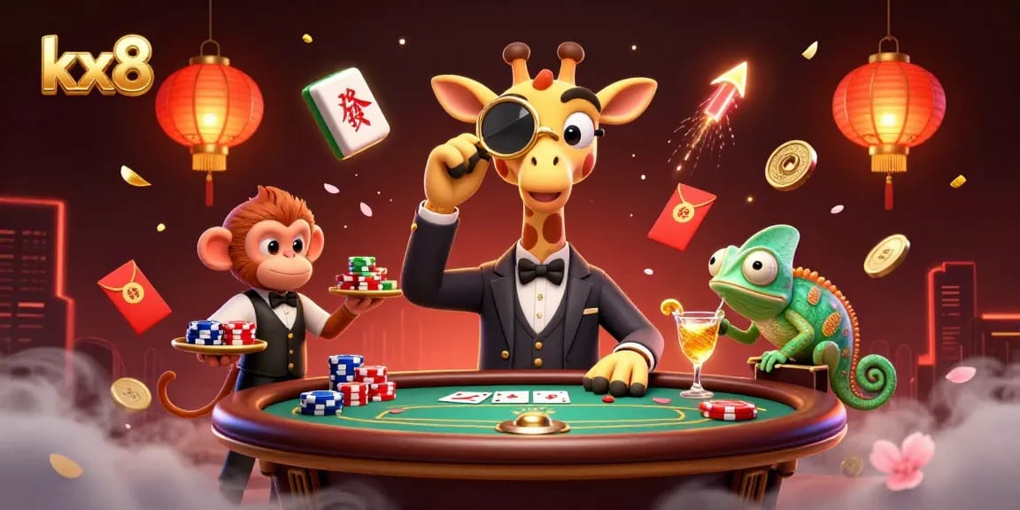 Experience high-stakes poker with kx8 as a giraffe in a suit leans on a VIP table surrounded by vibrant casino elements.