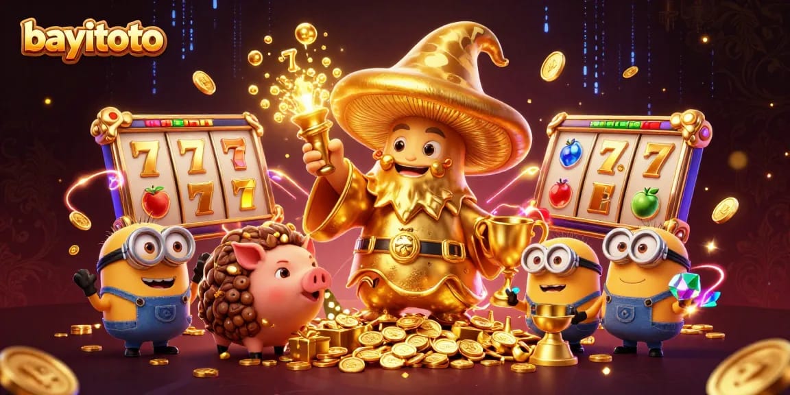 Experience the thrill of bayitoto with an energetic scene showcasing a golden mushroom wizard among slot game elements.