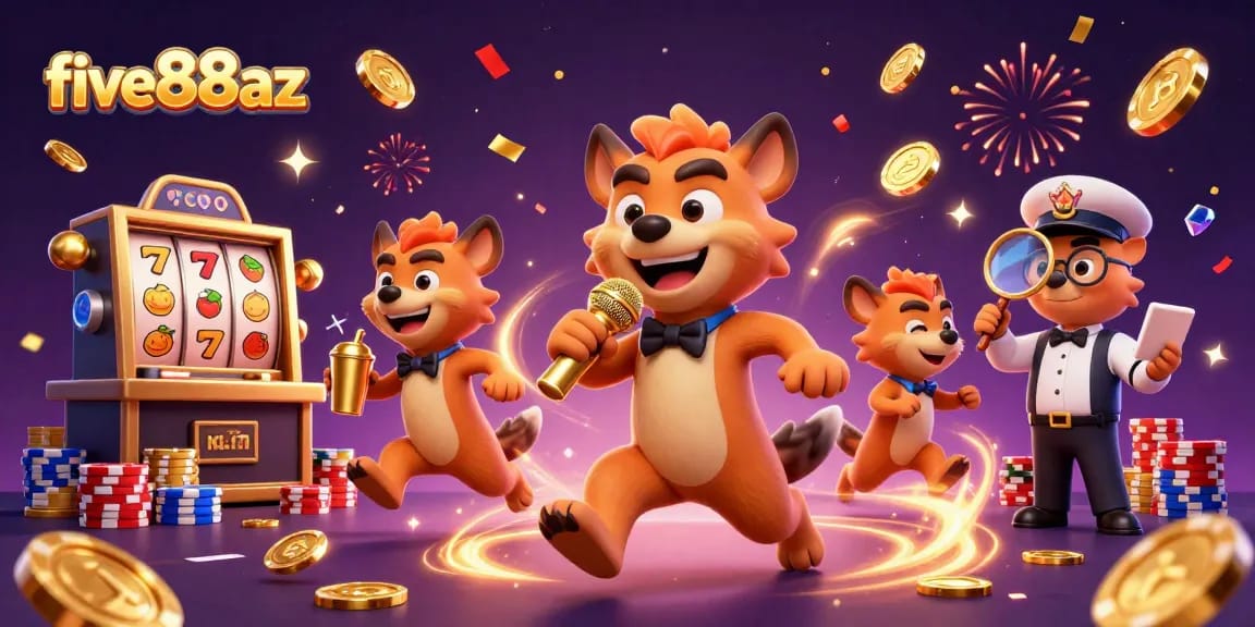 Experience excitement with five88az’s vibrant casino scene featuring hyenas and slot machine reels.